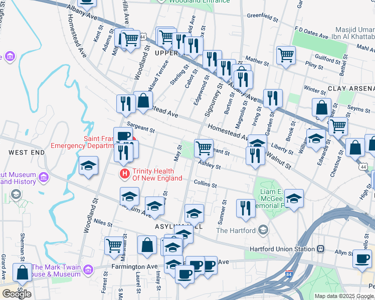 map of restaurants, bars, coffee shops, grocery stores, and more near 251 Sigourney Street in Hartford