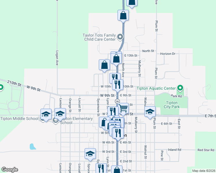 map of restaurants, bars, coffee shops, grocery stores, and more near 199 W 10th St in Tipton