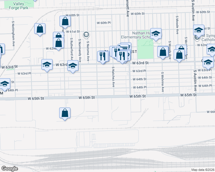 map of restaurants, bars, coffee shops, grocery stores, and more near 6520 West 64th Place in Chicago