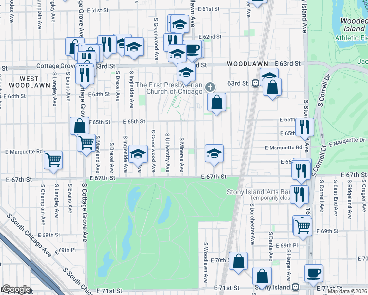 map of restaurants, bars, coffee shops, grocery stores, and more near 6601 South Minerva Avenue in Chicago