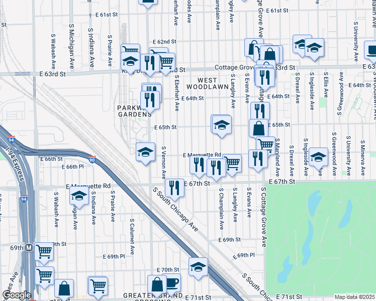map of restaurants, bars, coffee shops, grocery stores, and more near 6556 South Rhodes Avenue in Chicago