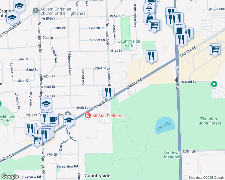 map of restaurants, bars, coffee shops, grocery stores, and more near 6363 Joliet Road in Countryside