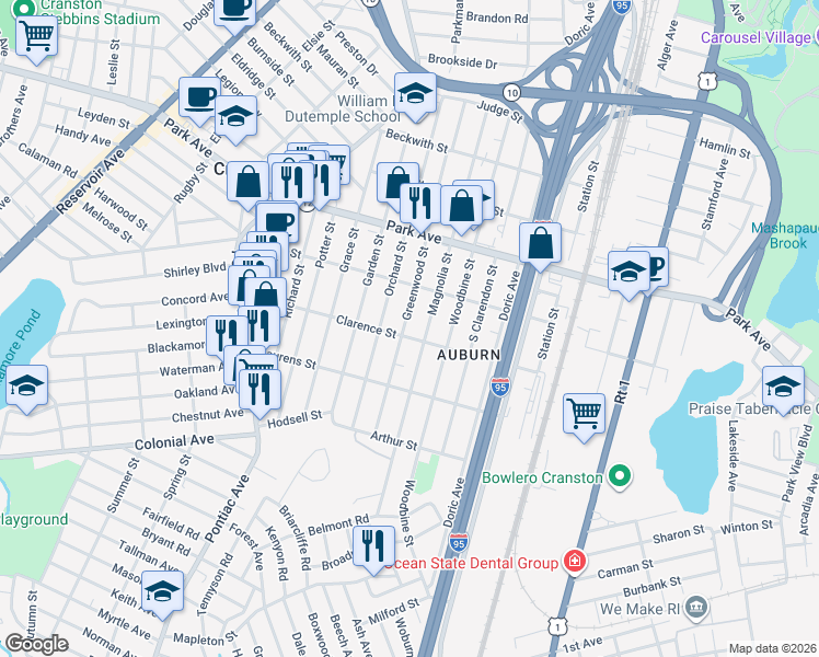 map of restaurants, bars, coffee shops, grocery stores, and more near 212 Greenwood Street in Cranston