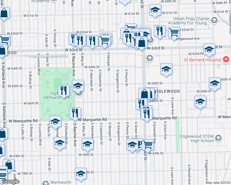 map of restaurants, bars, coffee shops, grocery stores, and more near 6537 South Sangamon Street in Chicago