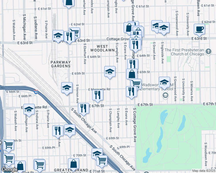 map of restaurants, bars, coffee shops, grocery stores, and more near 6601 South Champlain Avenue in Chicago