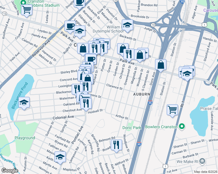 map of restaurants, bars, coffee shops, grocery stores, and more near 166 Clarence Street in Cranston