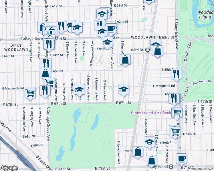 map of restaurants, bars, coffee shops, grocery stores, and more near 6601 South Minerva Avenue in Chicago