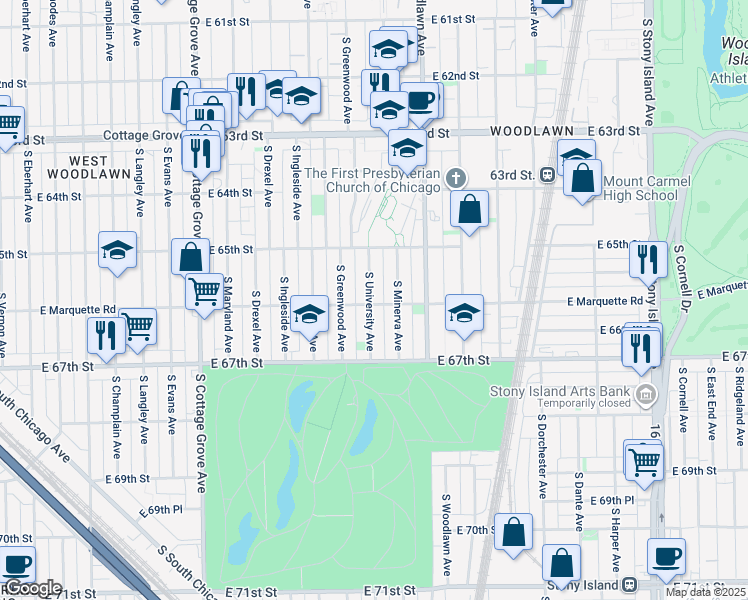 map of restaurants, bars, coffee shops, grocery stores, and more near 6557 South University Avenue in Chicago