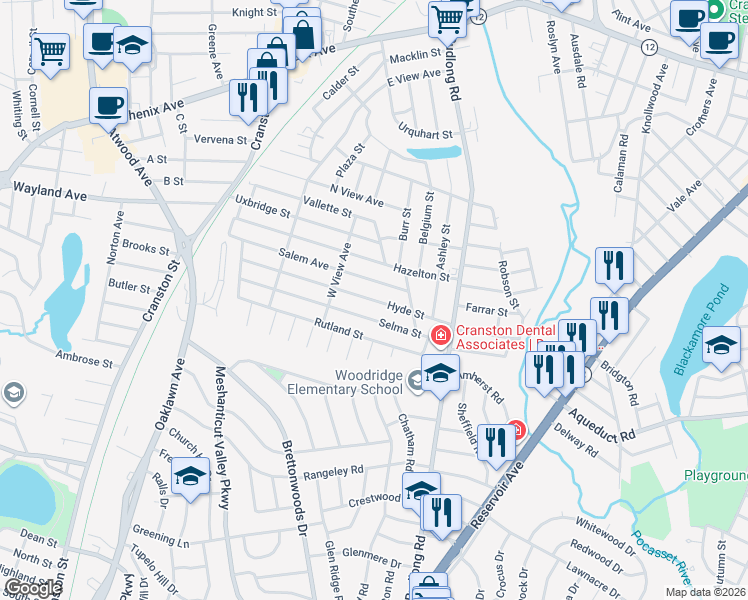 map of restaurants, bars, coffee shops, grocery stores, and more near 72 Hyde Street in Cranston