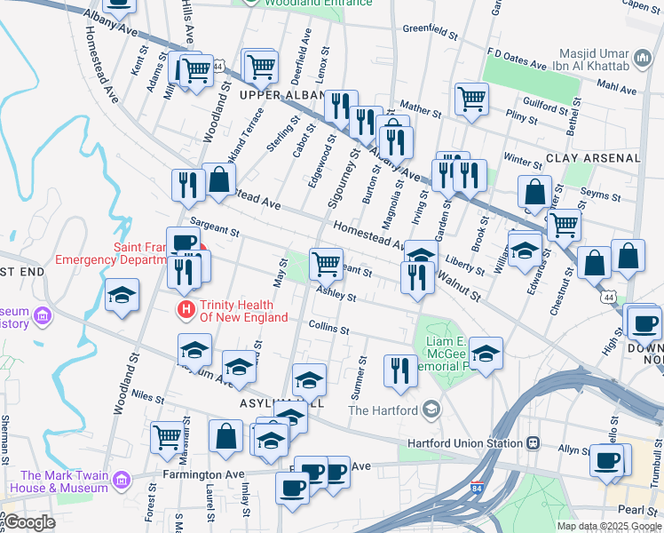 map of restaurants, bars, coffee shops, grocery stores, and more near 125 Sargeant Street in Hartford
