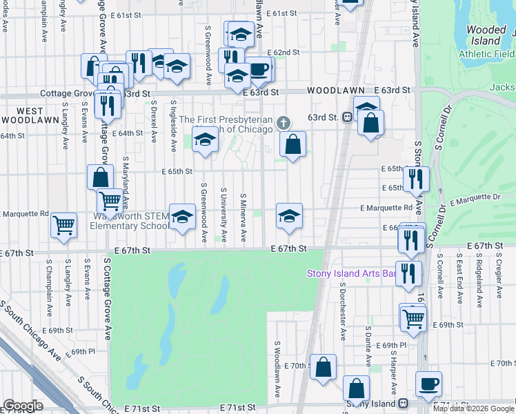 map of restaurants, bars, coffee shops, grocery stores, and more near 6601 South Minerva Avenue in Chicago