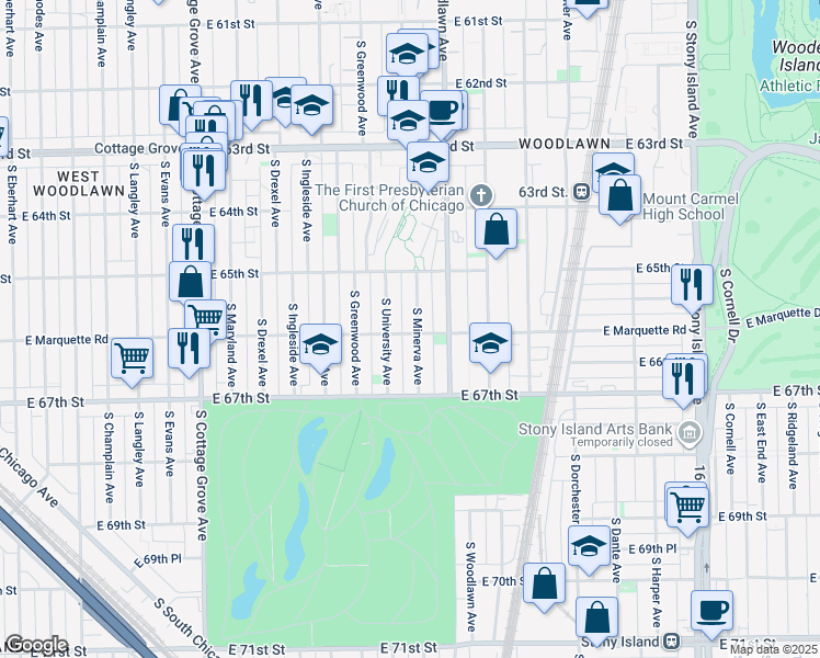 map of restaurants, bars, coffee shops, grocery stores, and more near 6601 South Minerva Avenue in Chicago