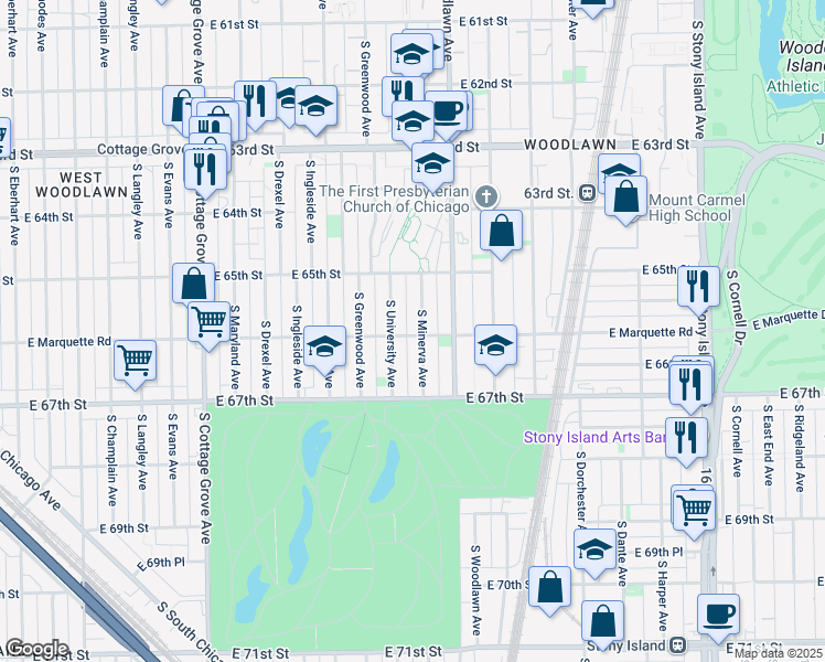 map of restaurants, bars, coffee shops, grocery stores, and more near 6601 South Minerva Avenue in Chicago