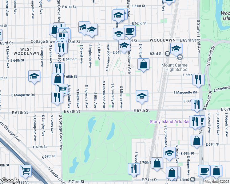 map of restaurants, bars, coffee shops, grocery stores, and more near 6601 South University Avenue in Chicago