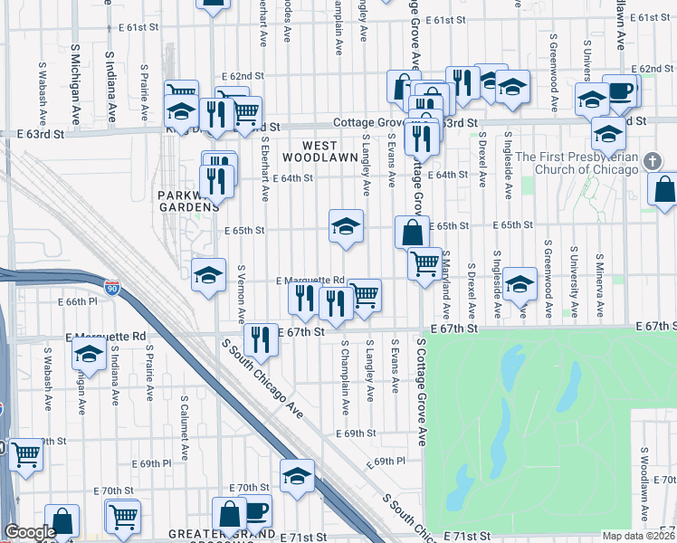 map of restaurants, bars, coffee shops, grocery stores, and more near 6601 South Champlain Avenue in Chicago