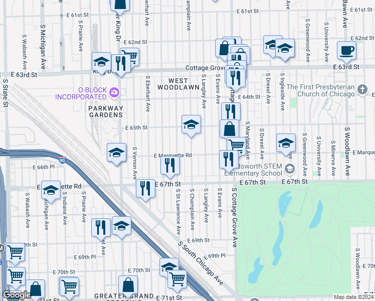 map of restaurants, bars, coffee shops, grocery stores, and more near 6555 South Saint Lawrence Avenue in Chicago