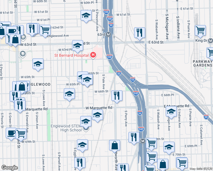 map of restaurants, bars, coffee shops, grocery stores, and more near 6553 South Yale Avenue in Chicago