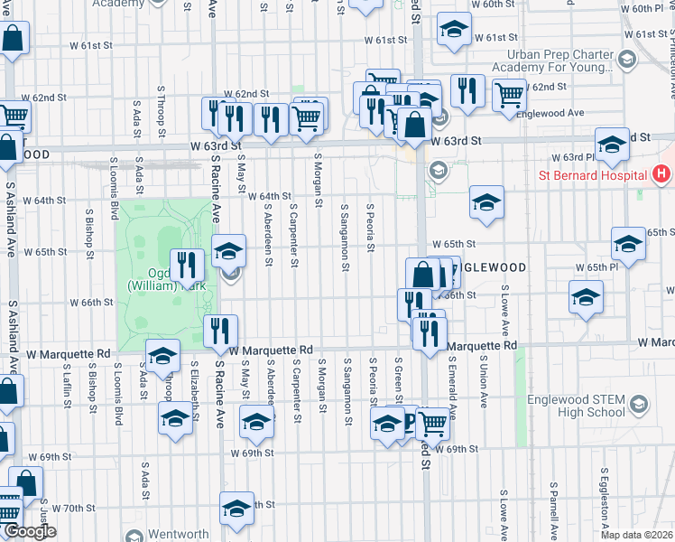 map of restaurants, bars, coffee shops, grocery stores, and more near 6537 South Sangamon Street in Chicago