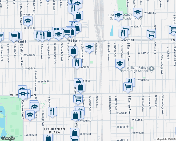map of restaurants, bars, coffee shops, grocery stores, and more near 6523 South Oakley Avenue in Chicago