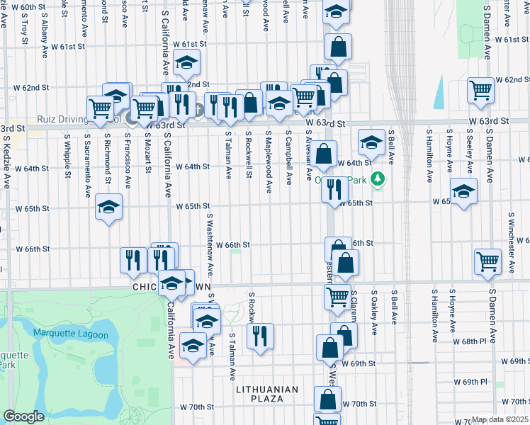 map of restaurants, bars, coffee shops, grocery stores, and more near 6515 South Maplewood Avenue in Chicago