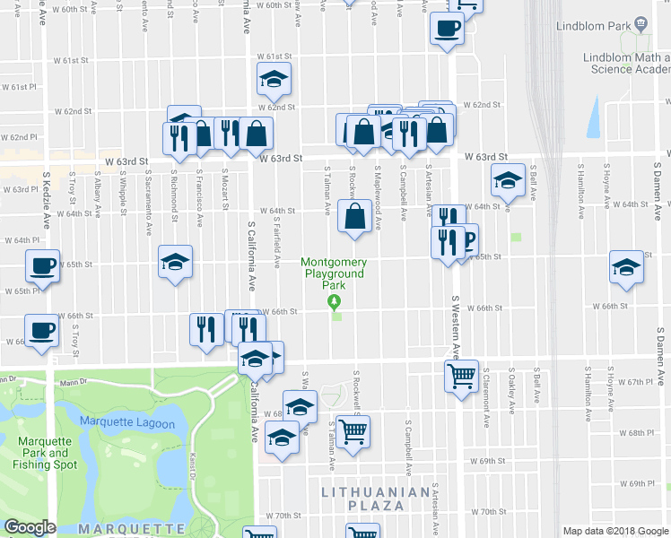 map of restaurants, bars, coffee shops, grocery stores, and more near 6512 South Talman Avenue in Chicago
