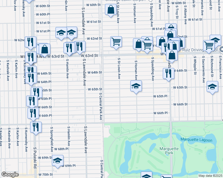 map of restaurants, bars, coffee shops, grocery stores, and more near 3515 West 65th Street in Chicago