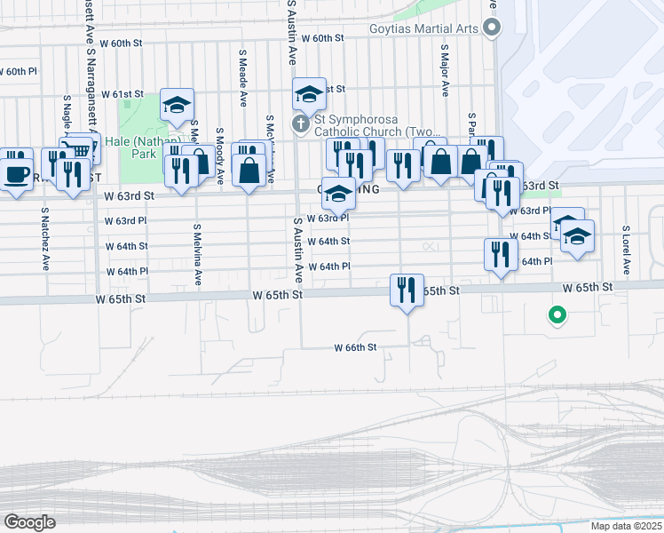 map of restaurants, bars, coffee shops, grocery stores, and more near 5911 West 64th Place in Chicago