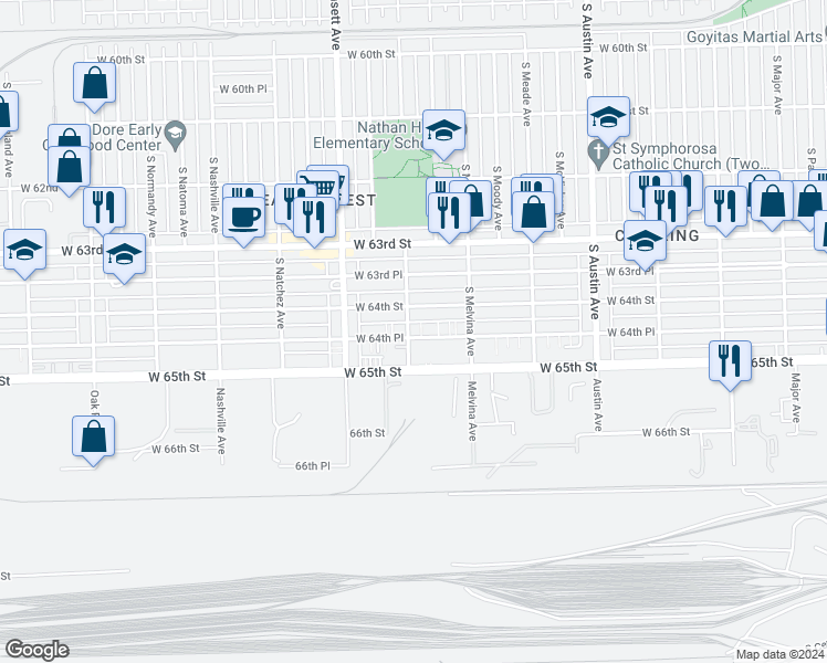 map of restaurants, bars, coffee shops, grocery stores, and more near 6254 West 64th Place in Chicago