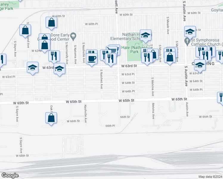 map of restaurants, bars, coffee shops, grocery stores, and more near 6424 South Narragansett Avenue in Chicago