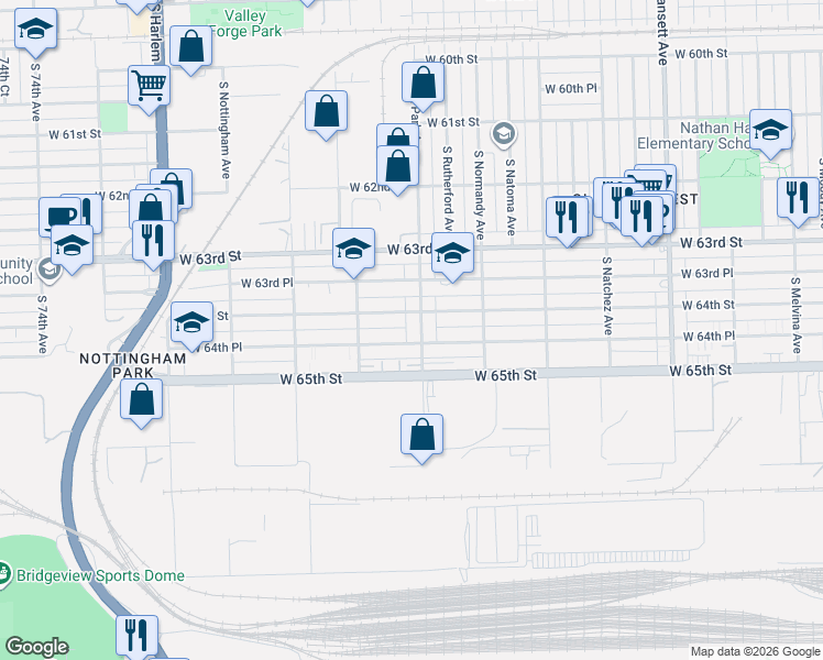 map of restaurants, bars, coffee shops, grocery stores, and more near 6824 West 64th Place in Chicago