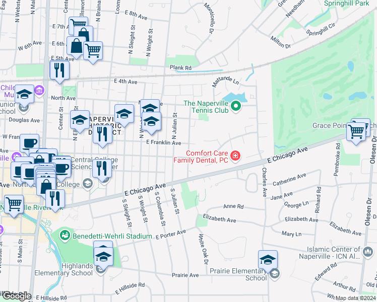 map of restaurants, bars, coffee shops, grocery stores, and more near 5 North Huffman Street in Naperville