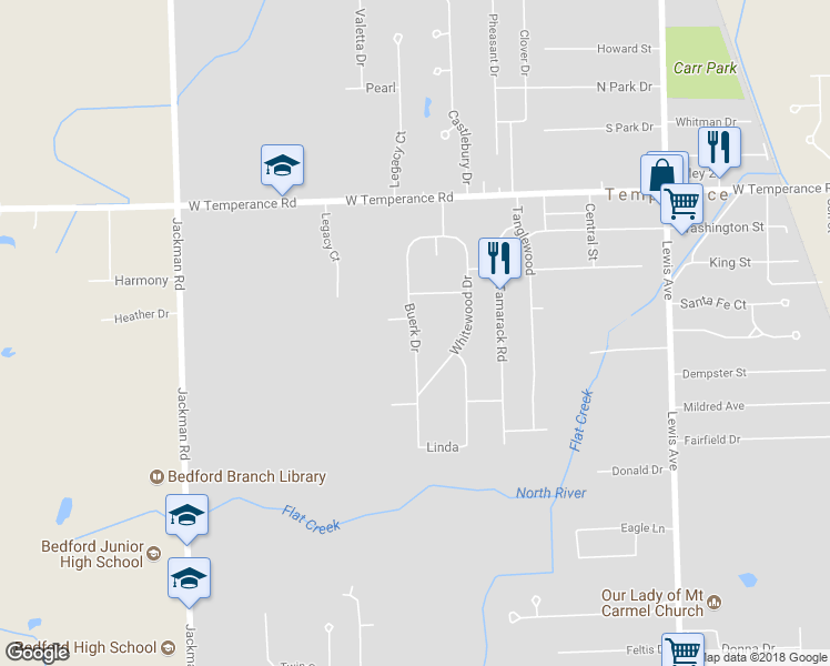 map of restaurants, bars, coffee shops, grocery stores, and more near 8678 Buerk Drive in Temperance