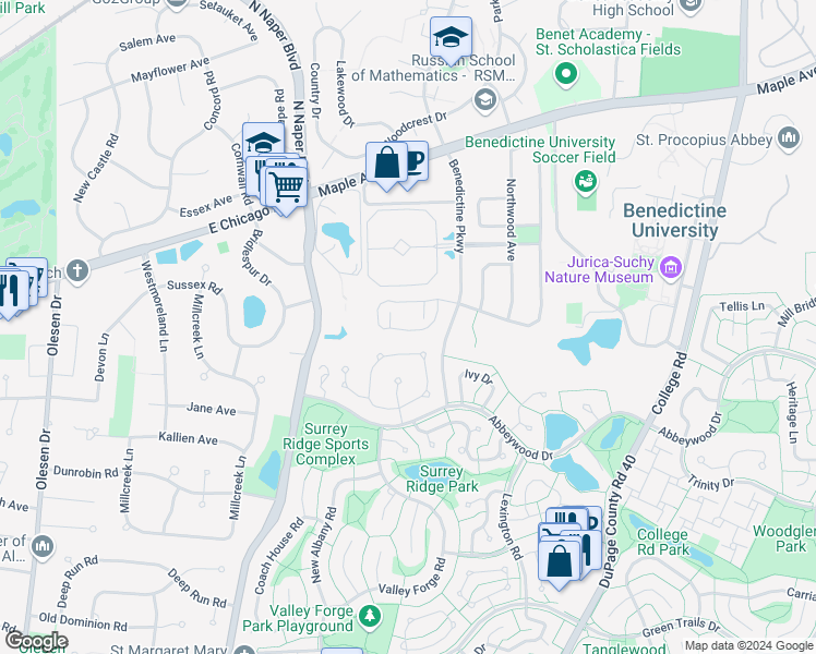 map of restaurants, bars, coffee shops, grocery stores, and more near 2752 Wayfaring Lane in Lisle
