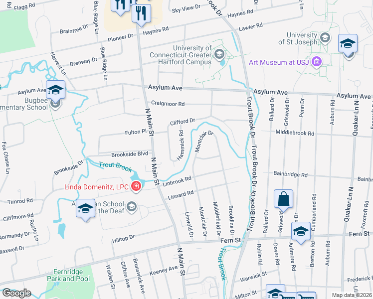 map of restaurants, bars, coffee shops, grocery stores, and more near 28 Hammick Road in West Hartford