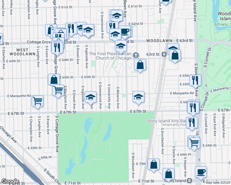 map of restaurants, bars, coffee shops, grocery stores, and more near 6601 South Minerva Avenue in Chicago