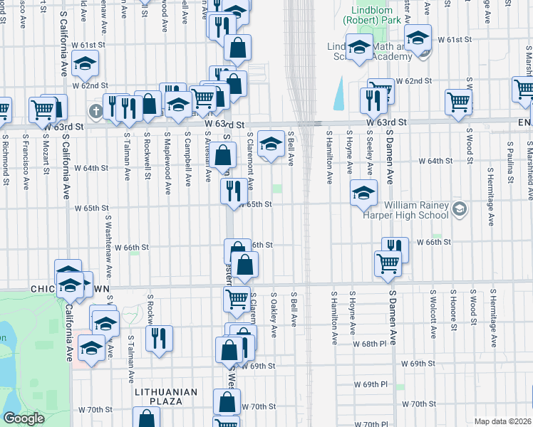 map of restaurants, bars, coffee shops, grocery stores, and more near 6523 South Oakley Avenue in Chicago