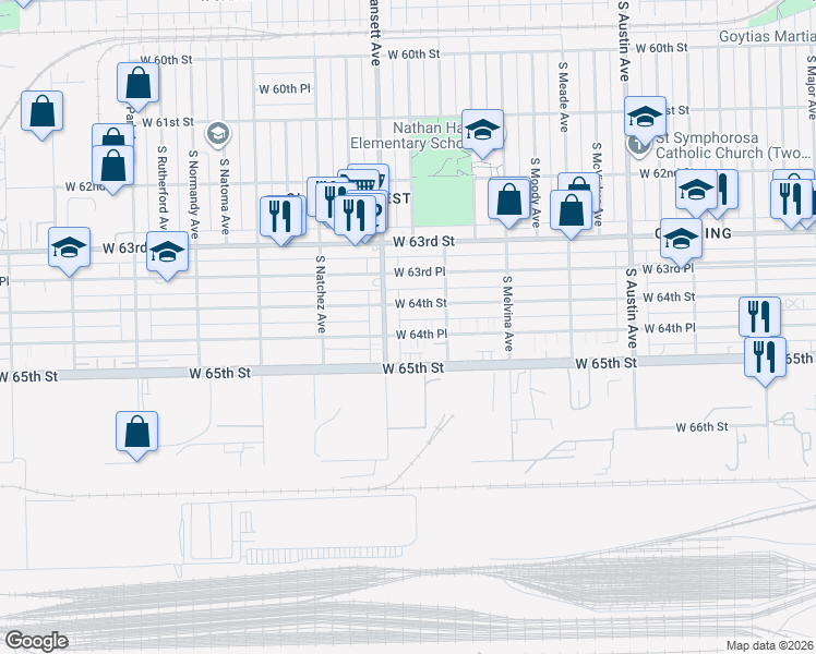 map of restaurants, bars, coffee shops, grocery stores, and more near 6244 West 64th Place in Chicago