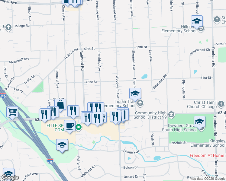 map of restaurants, bars, coffee shops, grocery stores, and more near 6116 Woodward Avenue in Downers Grove