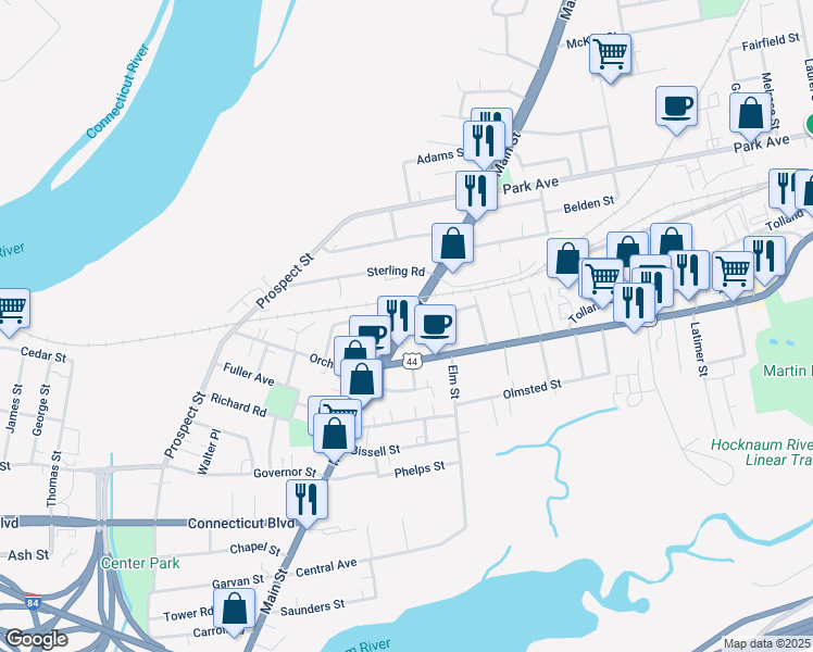 map of restaurants, bars, coffee shops, grocery stores, and more near Main St & John St in East Hartford