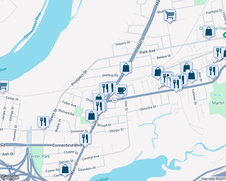 map of restaurants, bars, coffee shops, grocery stores, and more near Main St & John St in East Hartford