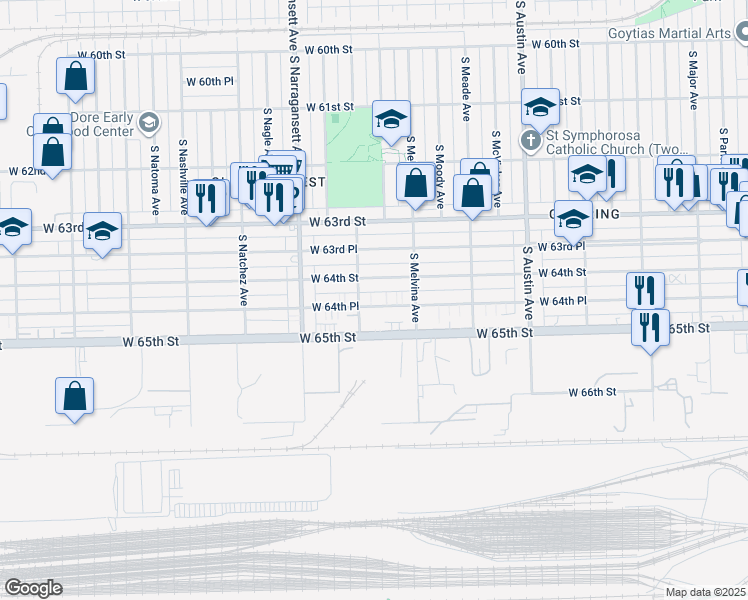 map of restaurants, bars, coffee shops, grocery stores, and more near 6254 West 64th Place in Chicago