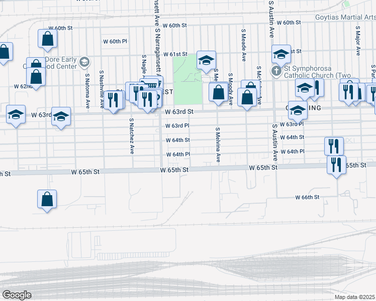 map of restaurants, bars, coffee shops, grocery stores, and more near 6206 West 64th Place in Chicago