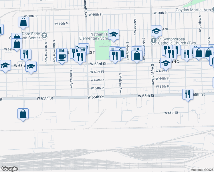 map of restaurants, bars, coffee shops, grocery stores, and more near 6250 West 64th Place in Chicago