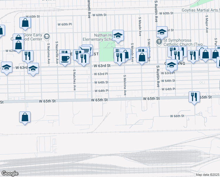 map of restaurants, bars, coffee shops, grocery stores, and more near 6256 West 64th Place in Chicago