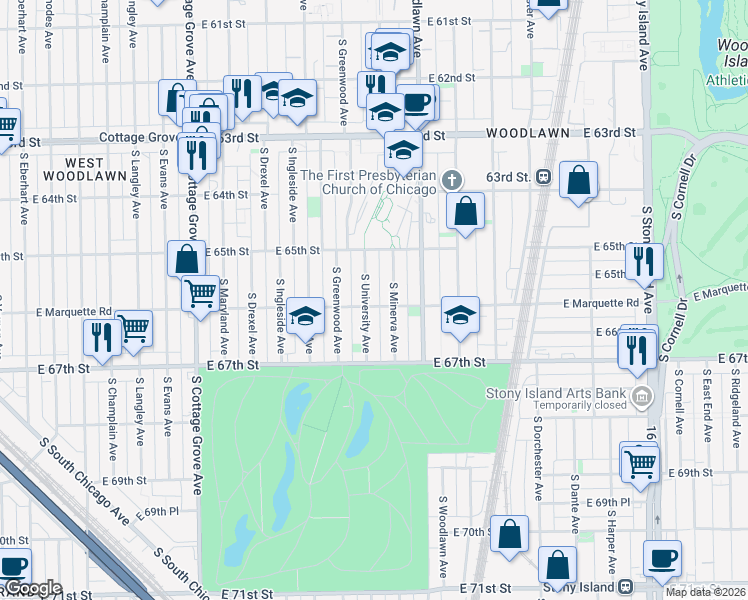 map of restaurants, bars, coffee shops, grocery stores, and more near 6601 South University Avenue in Chicago