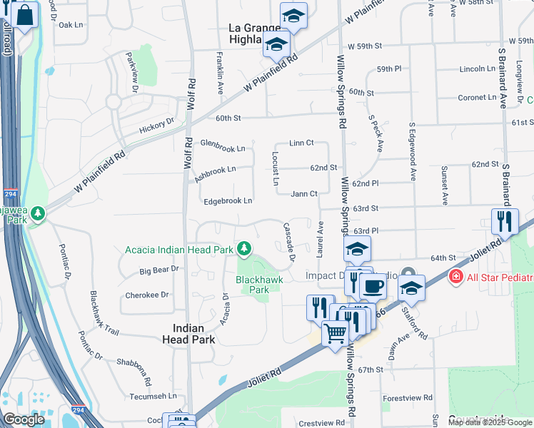 map of restaurants, bars, coffee shops, grocery stores, and more near 182 Cascade Drive in Indian Head Park