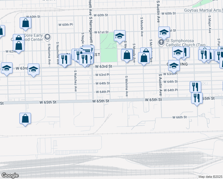 map of restaurants, bars, coffee shops, grocery stores, and more near 6256 West 64th Place in Chicago