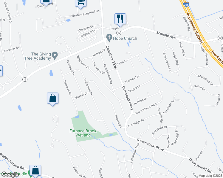 map of restaurants, bars, coffee shops, grocery stores, and more near 160 Wildflower Drive in Cranston