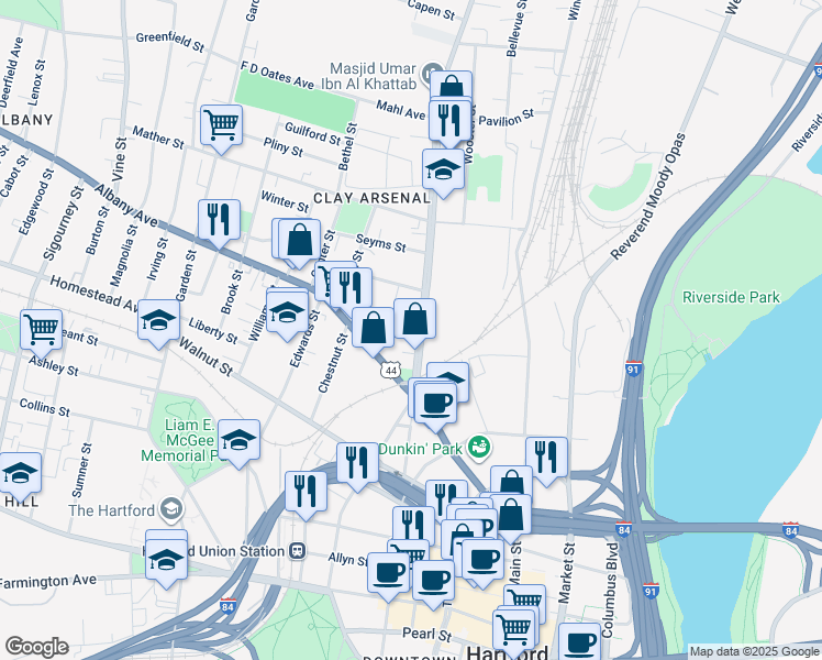 map of restaurants, bars, coffee shops, grocery stores, and more near 1515 Main Street in Hartford