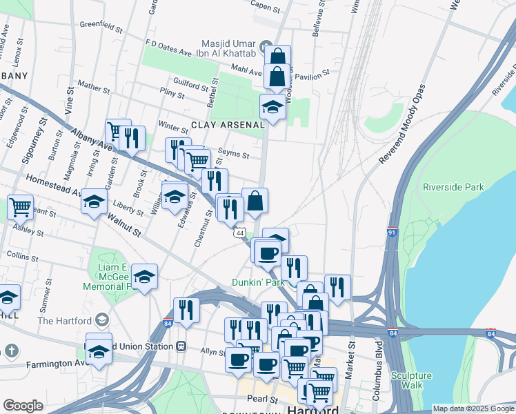 map of restaurants, bars, coffee shops, grocery stores, and more near 1515 Main Street in Hartford